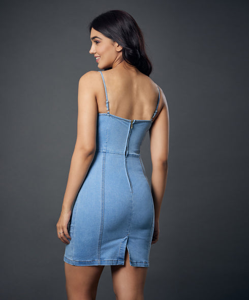 Light Wash Denim Bustier Bodycon Dress